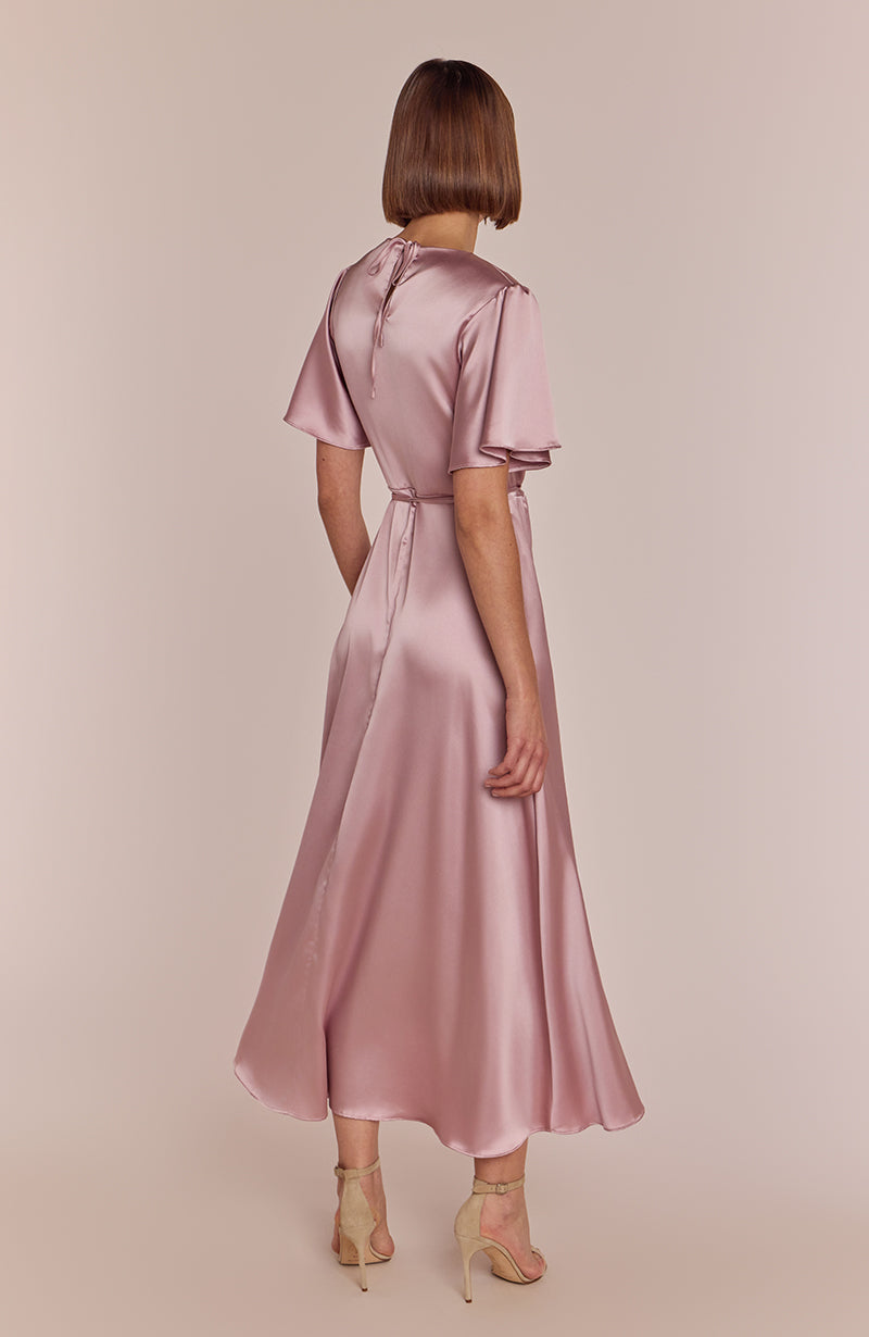 Florence Waterfall Dress in Rose Pink Satin