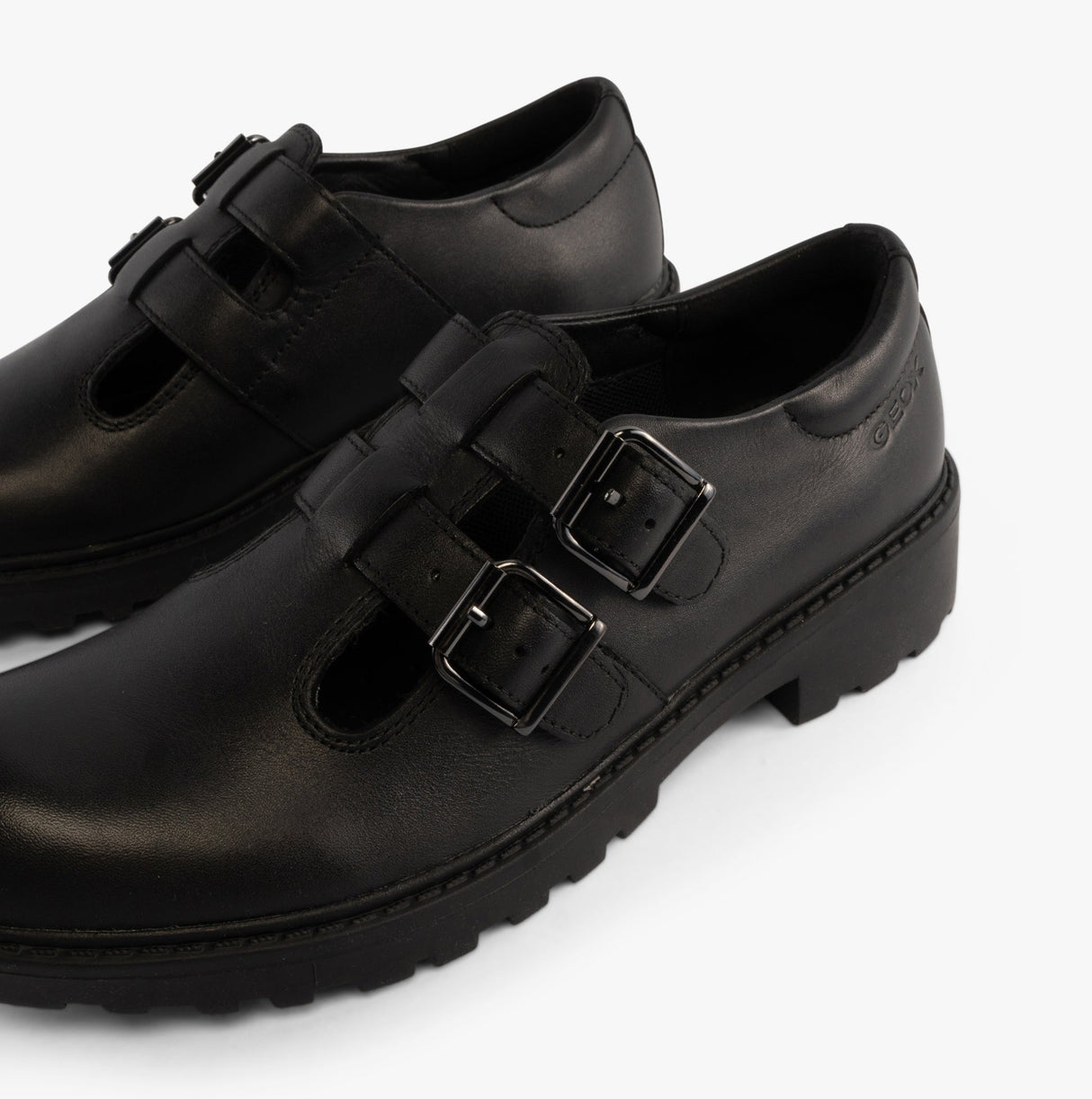 GEOX CASEY D Girls Leather Buckle School Shoes Black