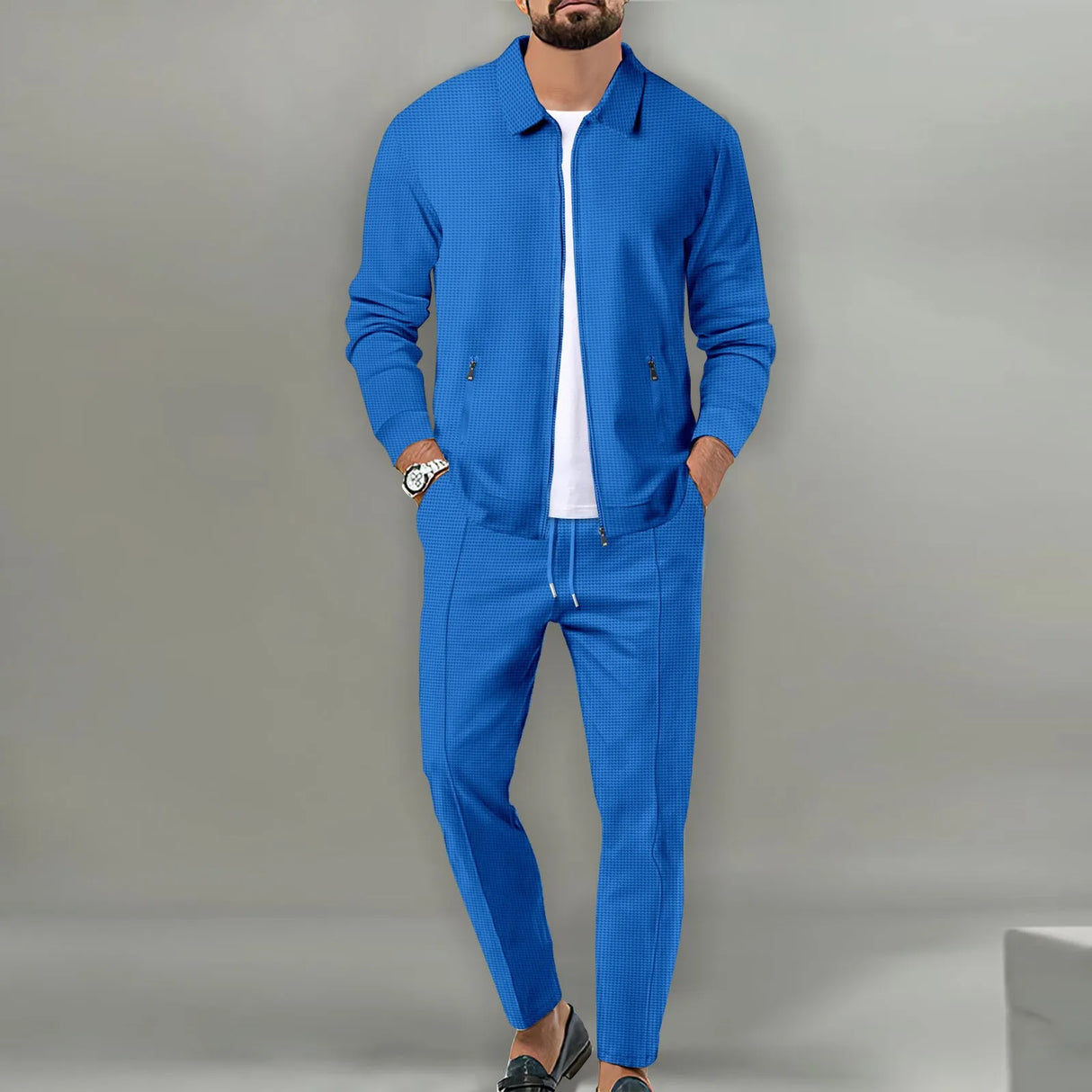 2024 Korea new men's fall two-piece jogging lapel jacket top + loose pants cotton casual sportswear big size workwear suit