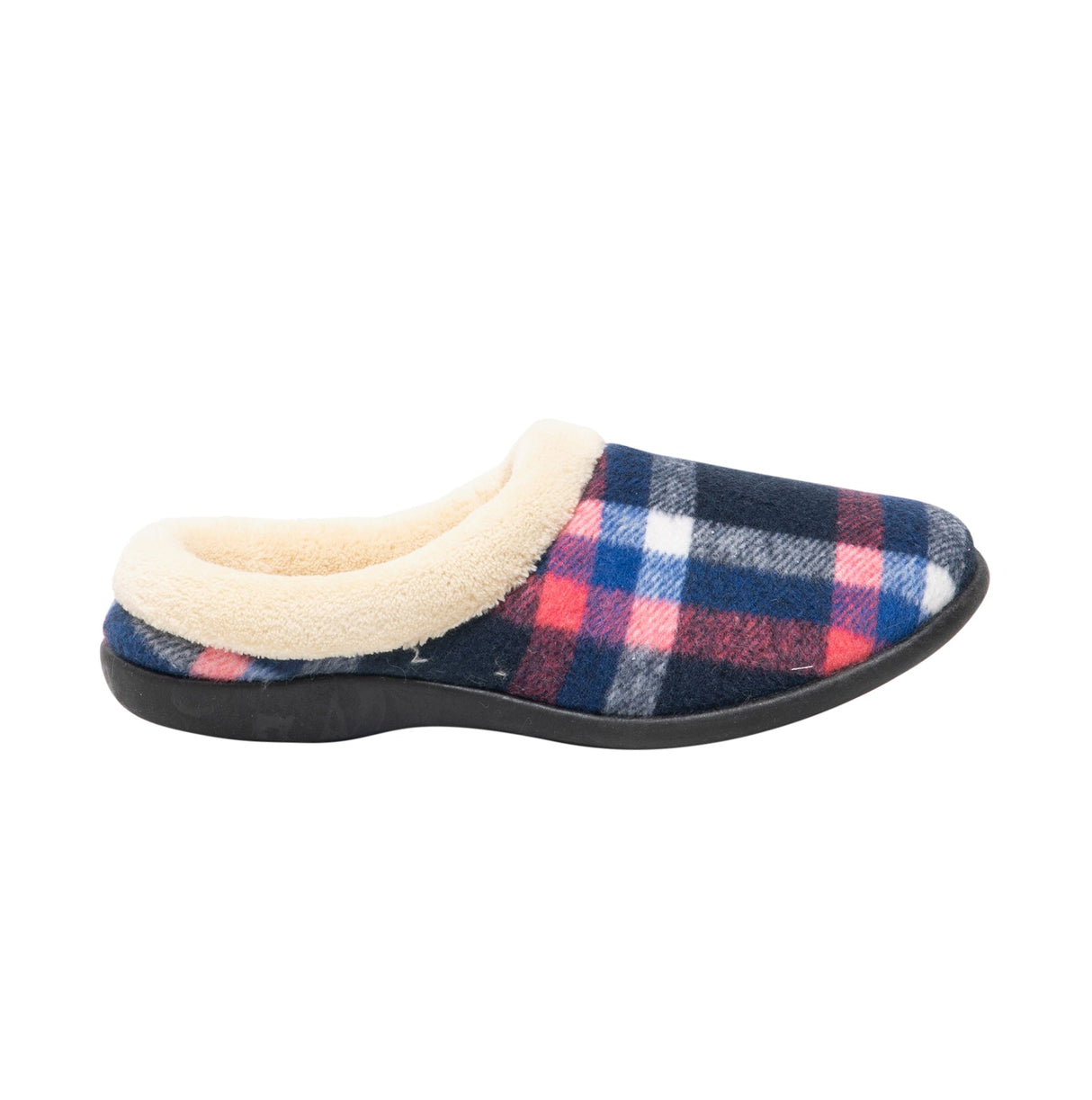 HOS Comfort SOPHIE Womens Teddy Lined Checked Mules Navy