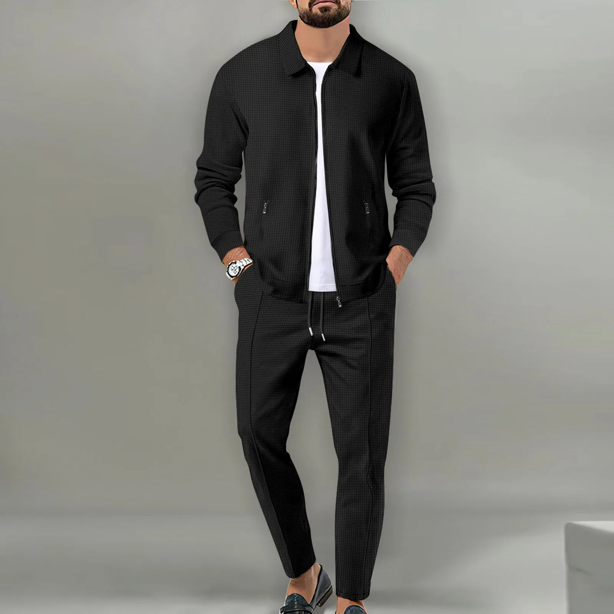 2024 Korea new men's fall two-piece jogging lapel jacket top + loose pants cotton casual sportswear big size workwear suit