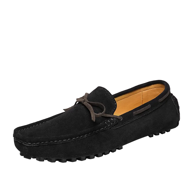 Men's Casual Flat-Soled Leather Loafer Moccasins Comfortable and Light Square-Toe Beanie Shoes with Bow for Driving
