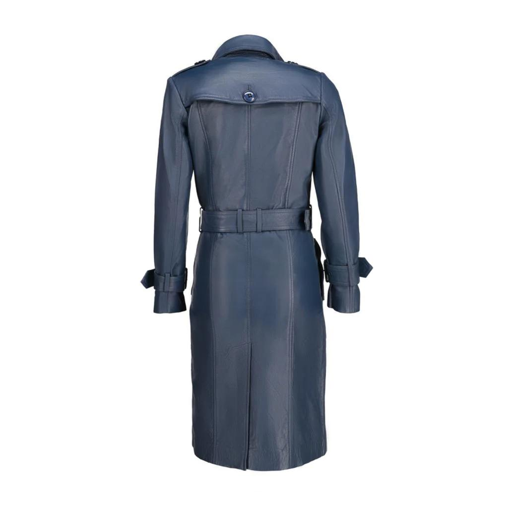 Womens Double Breasted Leather Trench Coat | Blue