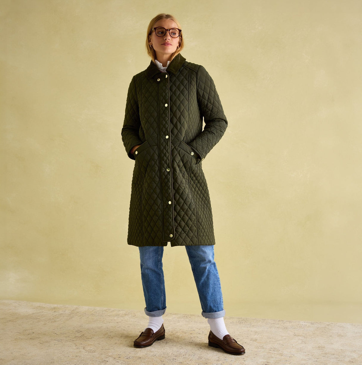 Joules ROSEWELL Womens Longline Quilted Showerproof Coat Green