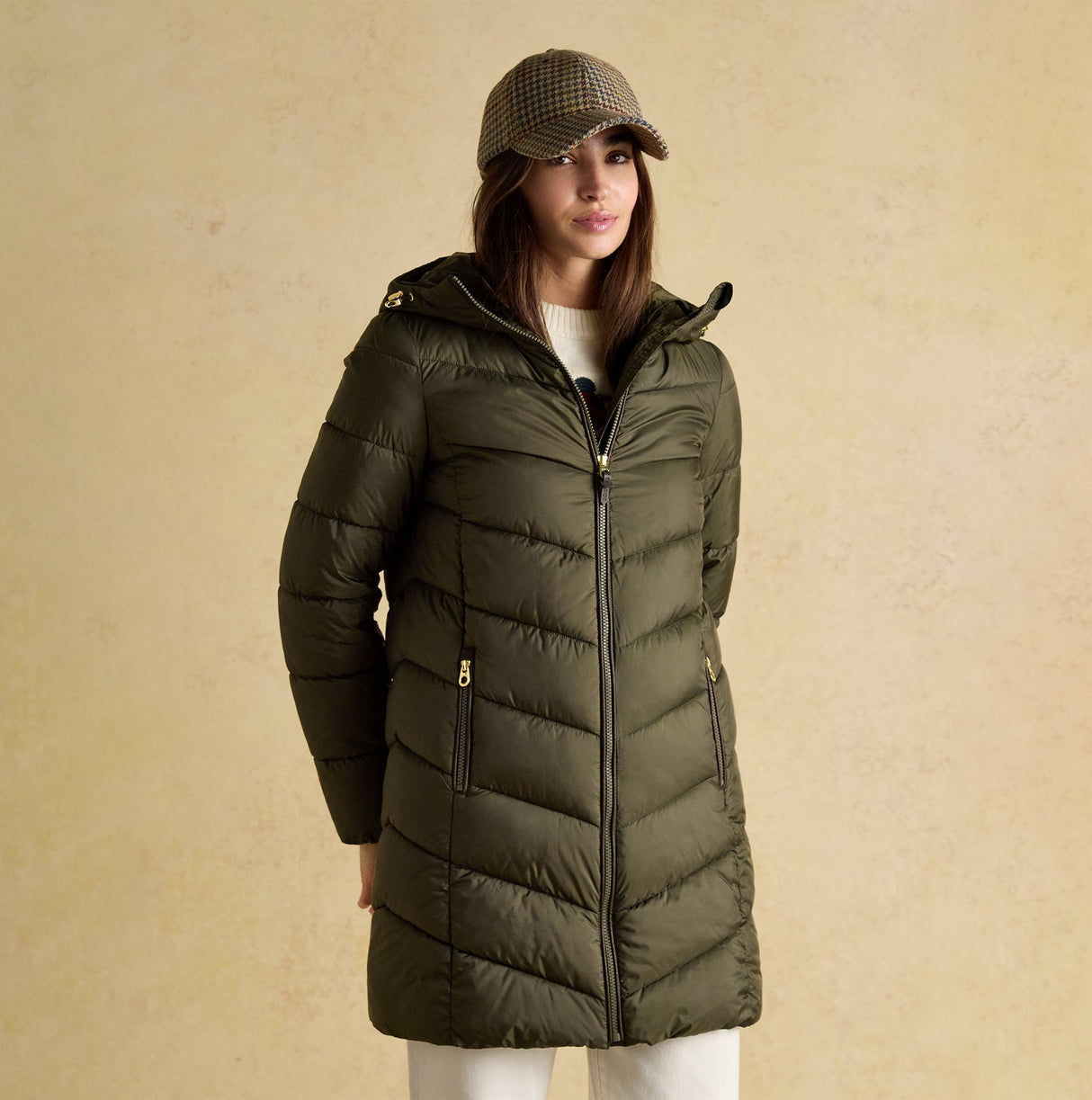 Joules MOORSDALE Womens Mid Length Showerproof Padded Coat with Hood Khaki