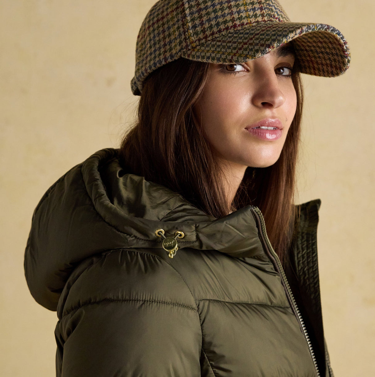 Joules MOORSDALE Womens Mid Length Showerproof Padded Coat with Hood Khaki