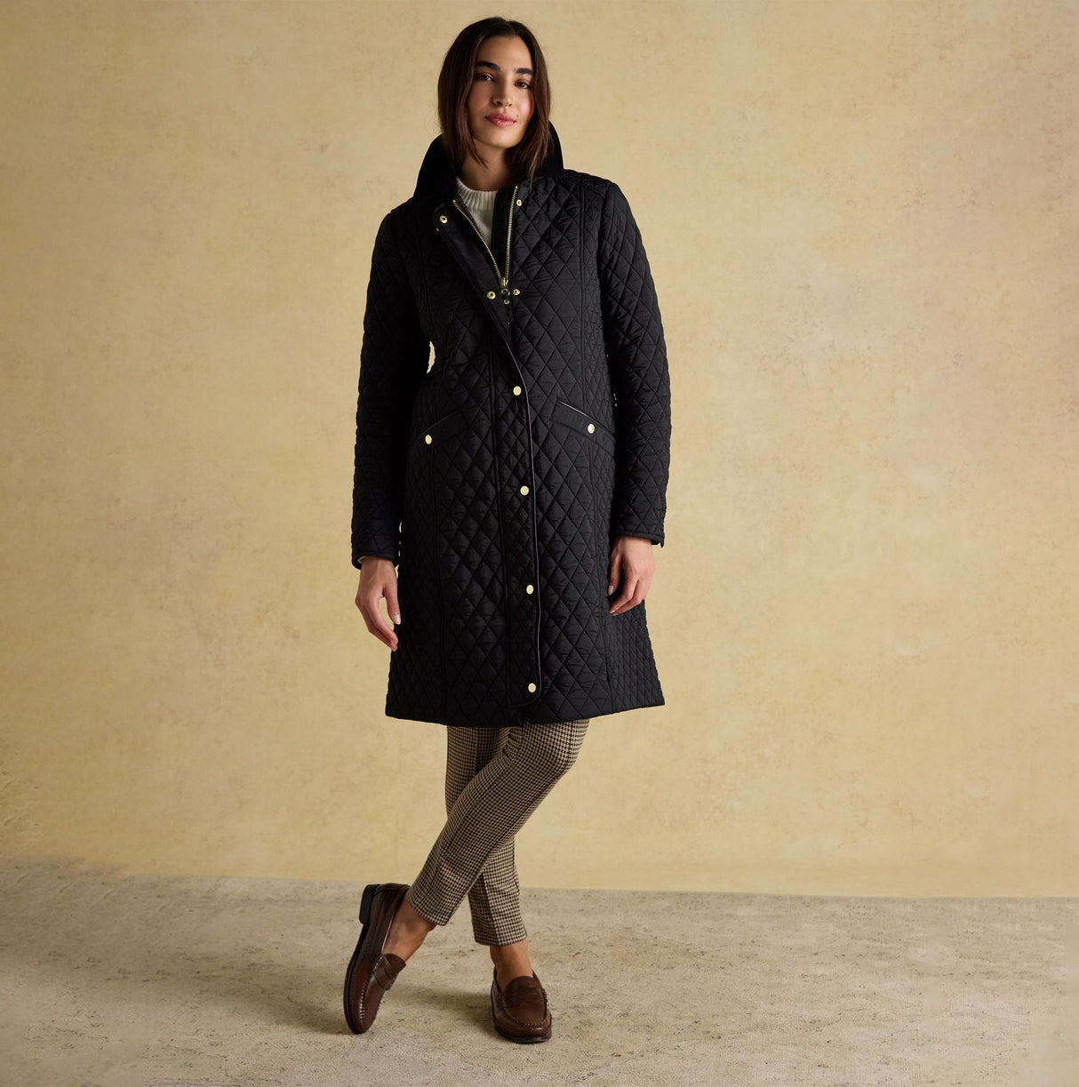 Joules ROSEWELL Longline Quilted Showerproof Coat with Collar Black
