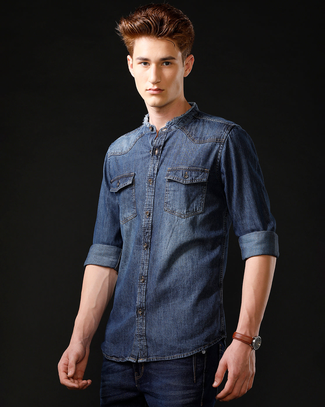 Men's Slim Fit Solid Denim Casual Shirt (MADOP)