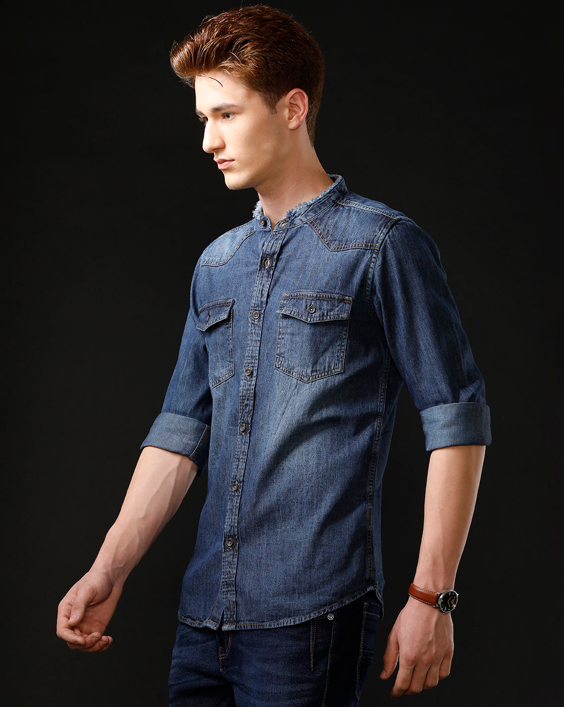 Men's Slim Fit Solid Denim Casual Shirt (MADOP)