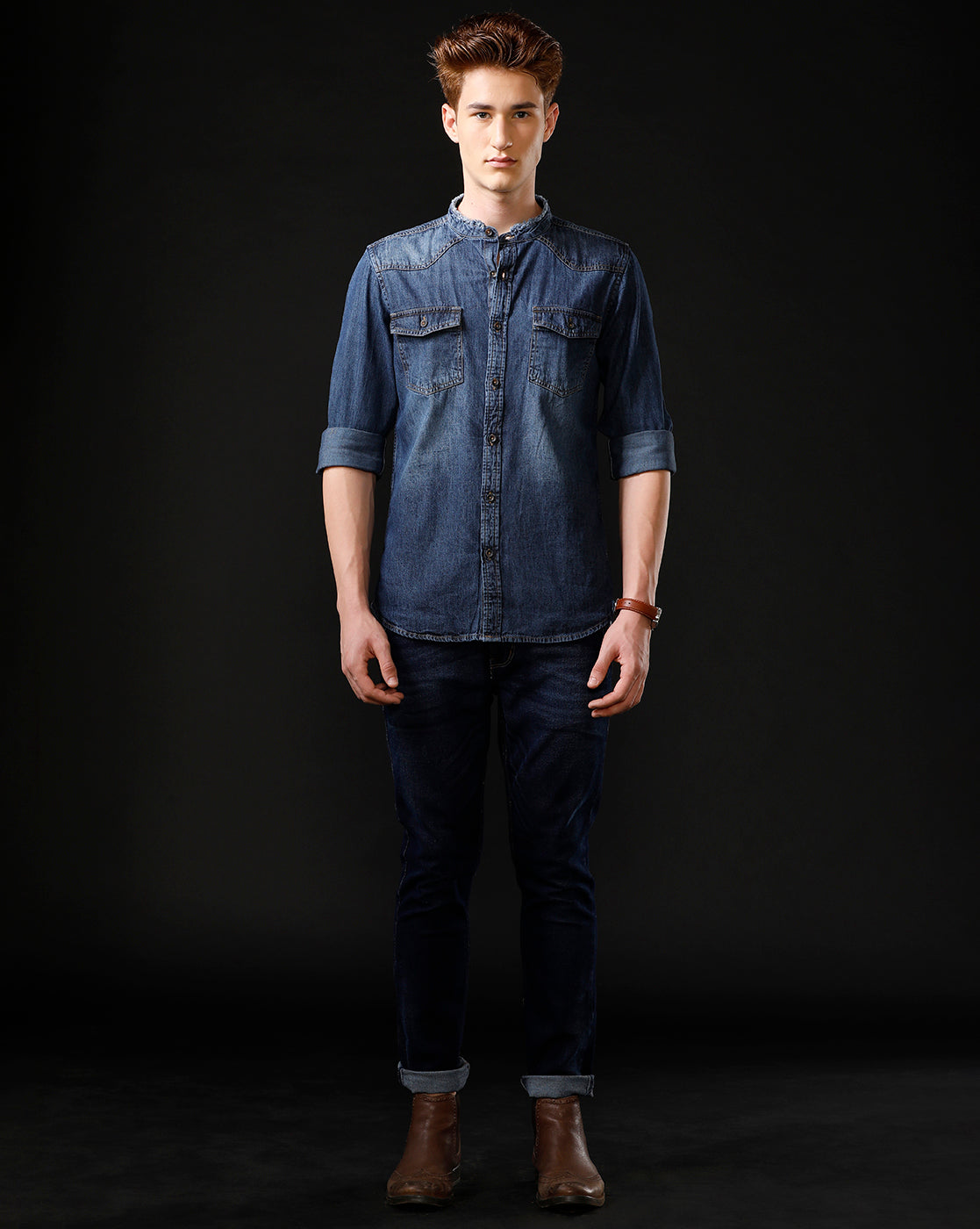 Men's Slim Fit Solid Denim Casual Shirt (MADOP)