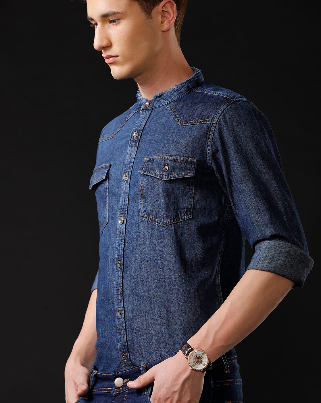 Men's Slim Fit Solid Denim Casual Shirt (MADIS)