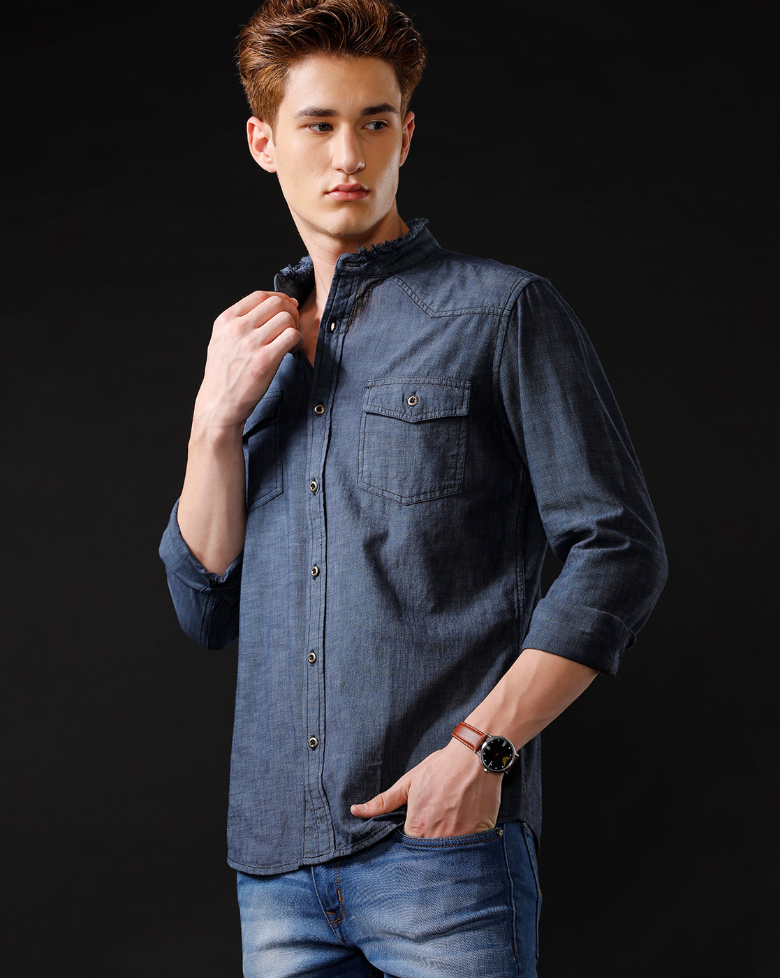 Men's Slim Fit Solid Denim Casual Shirt (MADON)