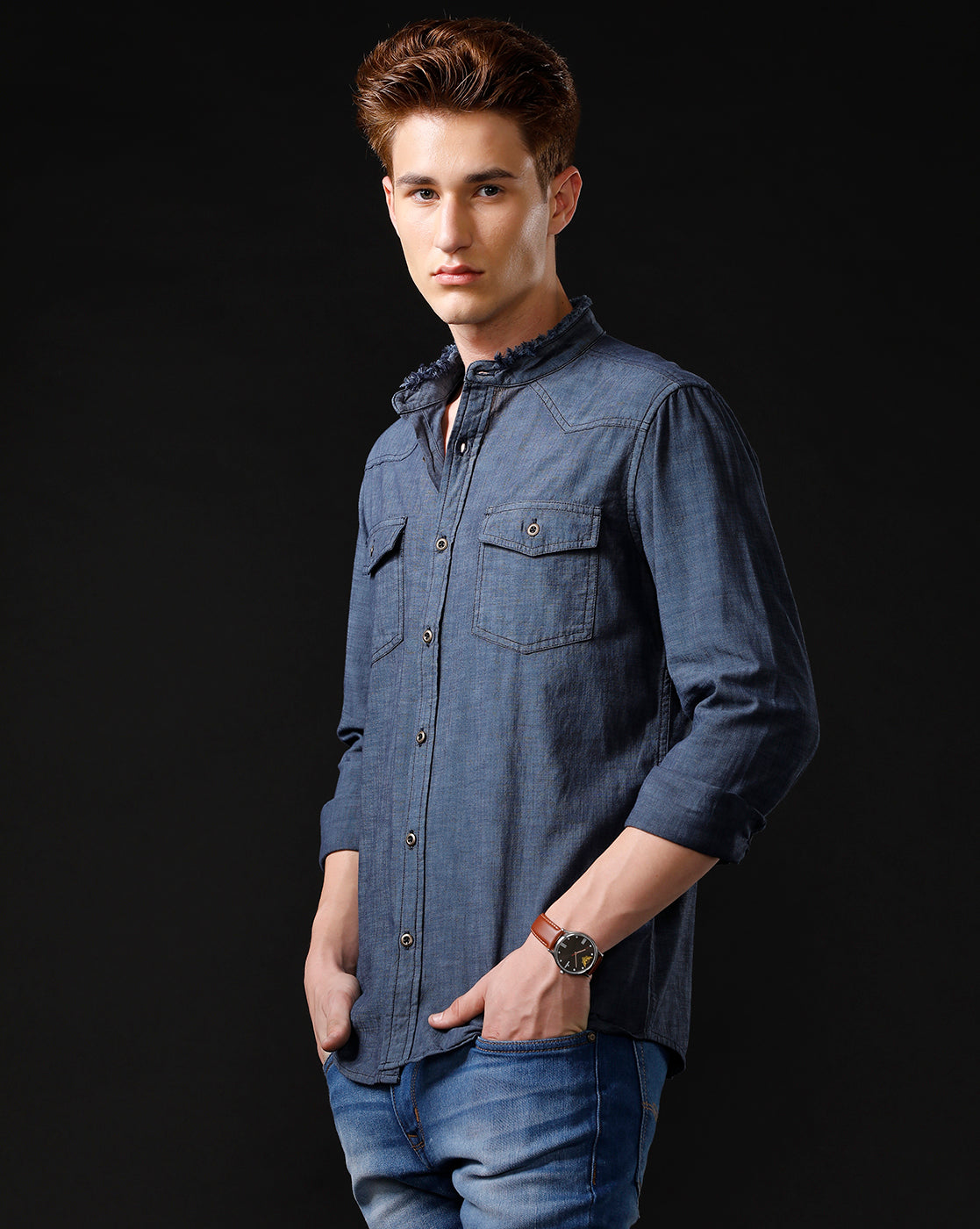 Men's Slim Fit Solid Denim Casual Shirt (MADON)