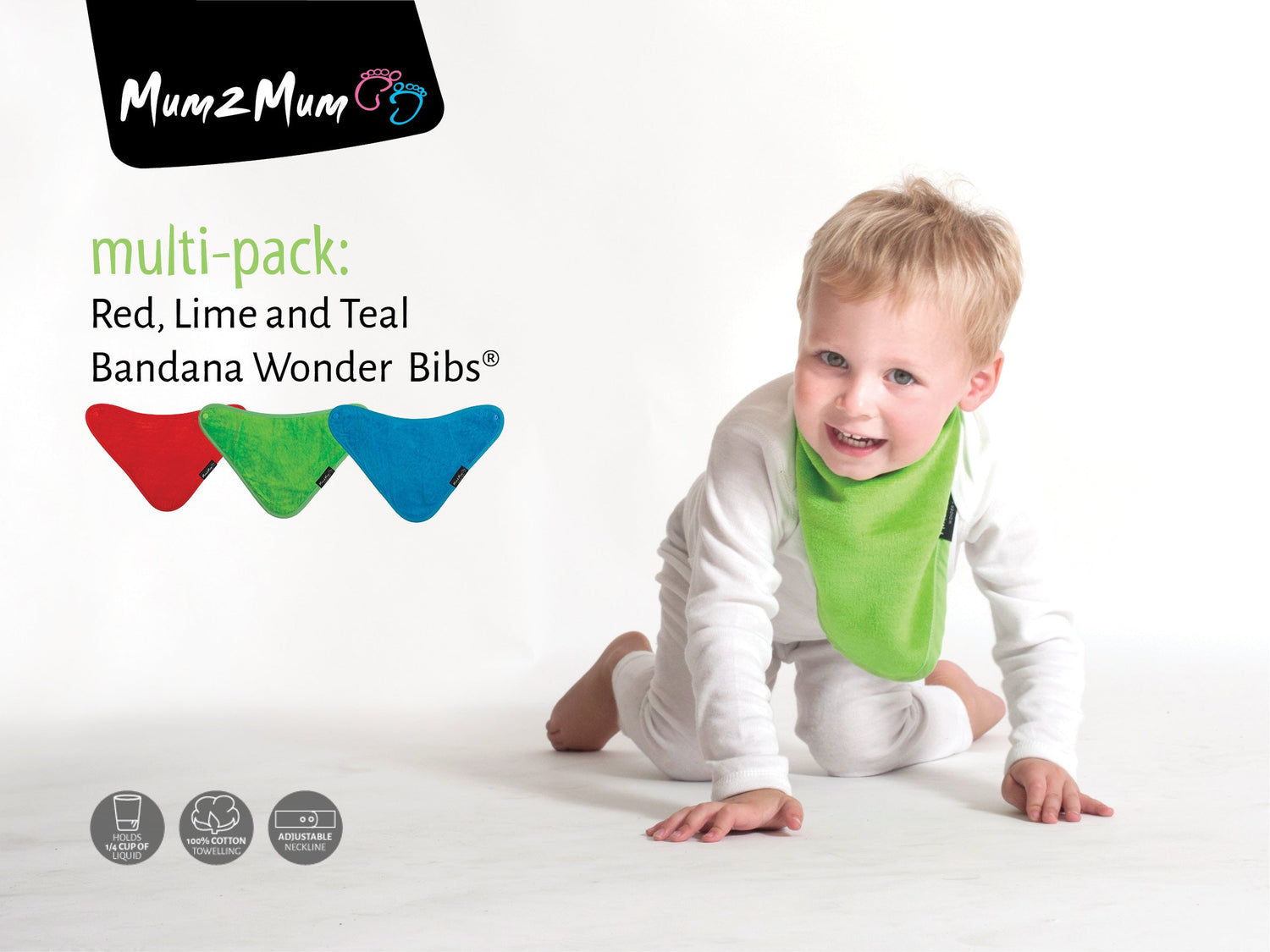 3 PACK - Mum 2 Mum Bandana Style Baby Bibs - Red / Lime / Teal