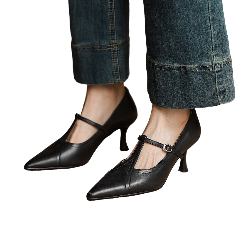 Korean Style T-buckle Strap Stiletto Heel Shoes For Four Seasons