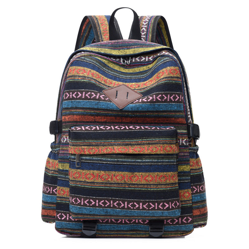 Ethnic style backpack leisure plaid canvas bag leisure large capacity student women backpack leisure travel trendy bag