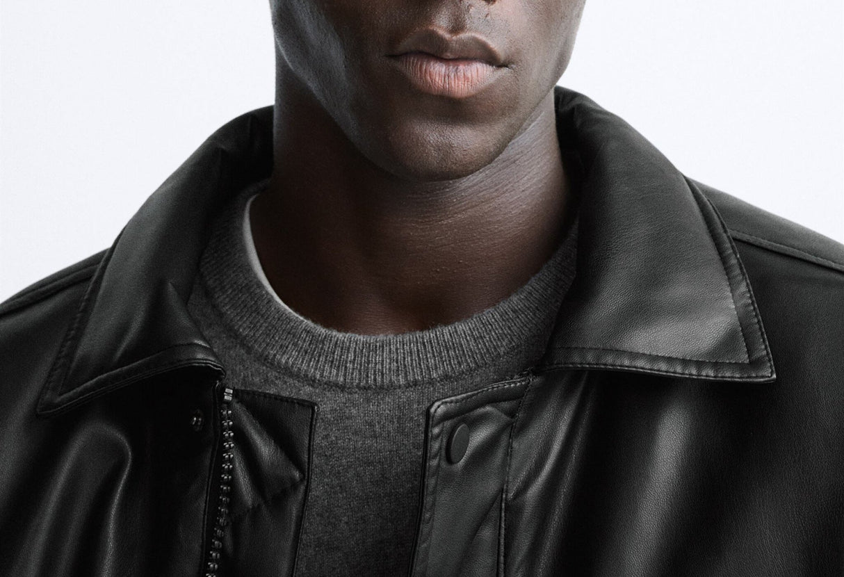 Men's Faux Leather Lapel Cotton Jacket – Black European & American Style