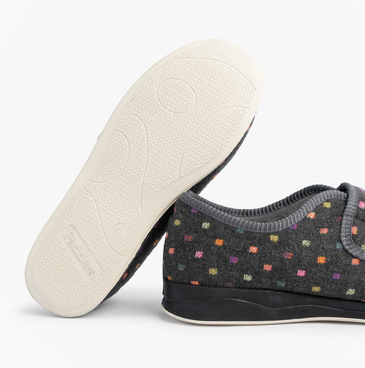 Padders CAMILLA Womens (2E Fit) Touch Fasten Polka Dot Slippers Grey/Multi