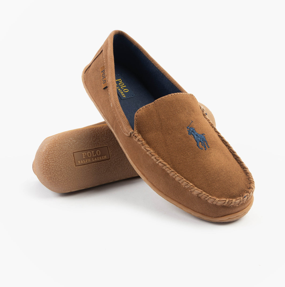 Polo Ralph Lauren BRENAN Mens Slippers Tan Washed Twill/Navy