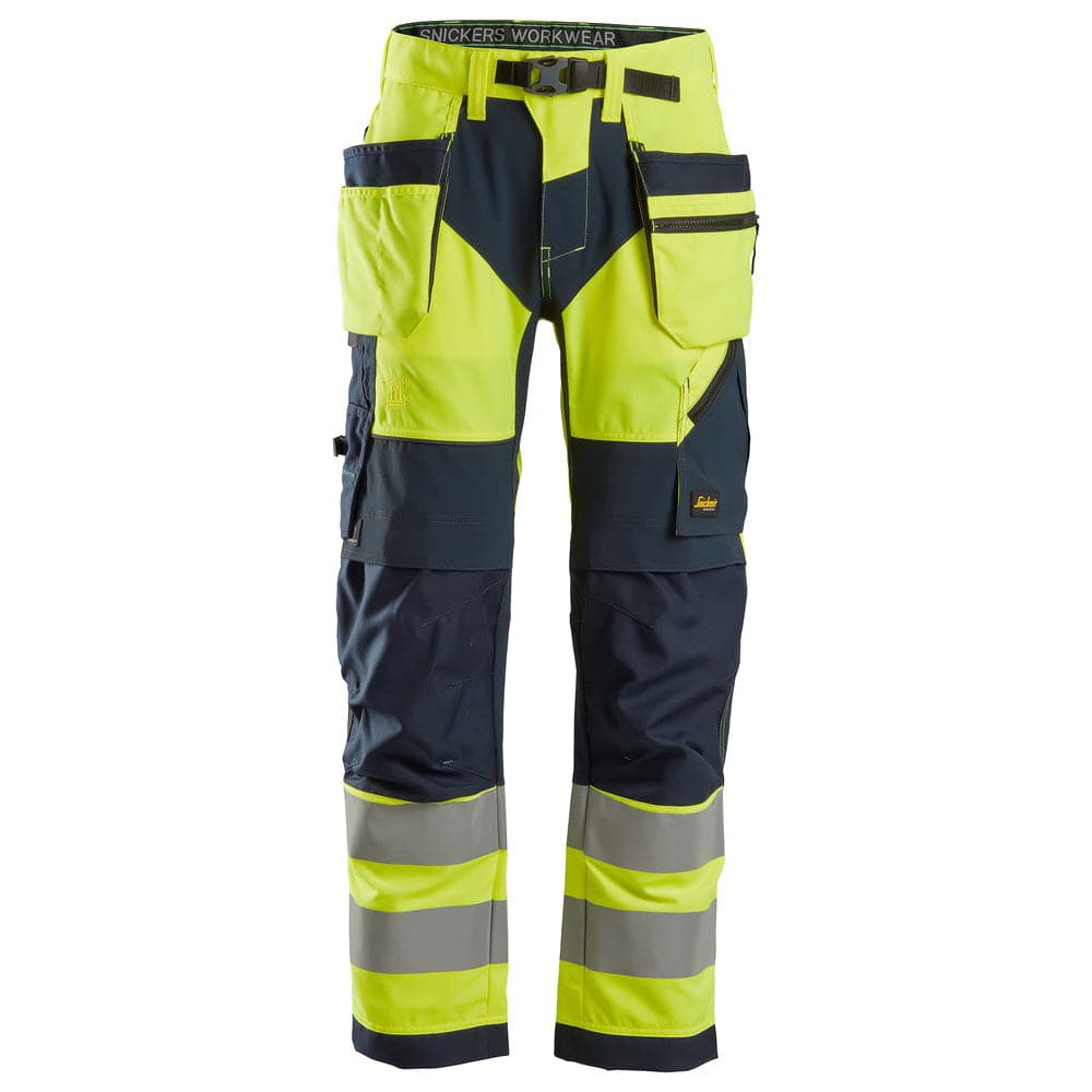 Snickers 6932 FlexiWork Hi-Vis Work Trousers Holster Pockets CL2 Yellow 35" Waist / 32" Leg - Snickers Size 50