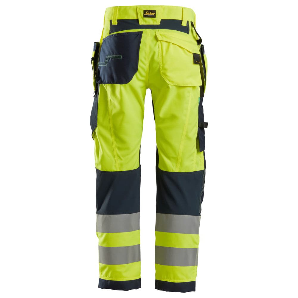 Snickers 6932 FlexiWork Hi-Vis Work Trousers Holster Pockets CL2 Yellow 35" Waist / 32" Leg - Snickers Size 50