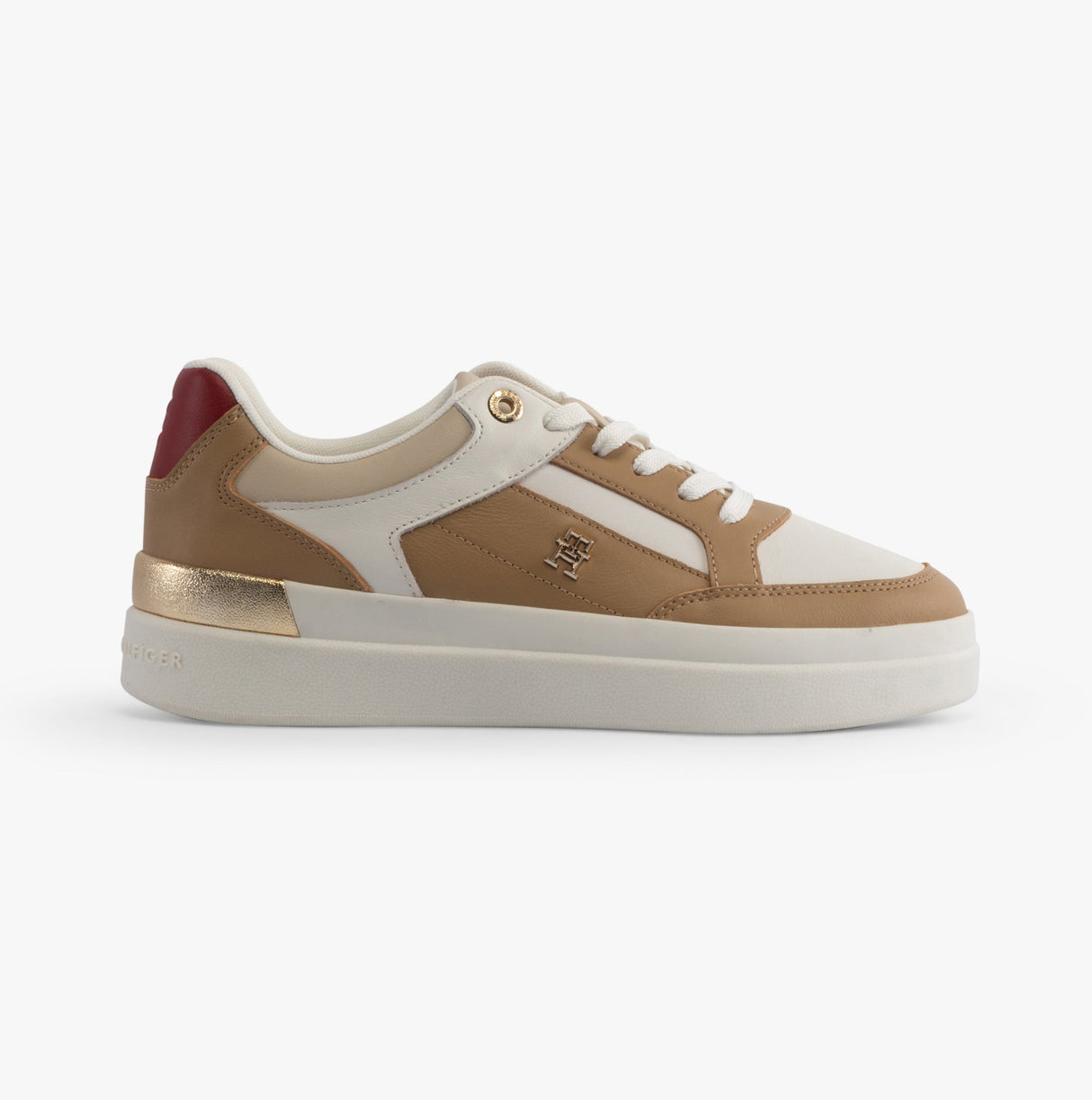 Tommy Hilfiger MONOGRAM METALLIC LEATHER Womens Court Trainers Classic Khaki