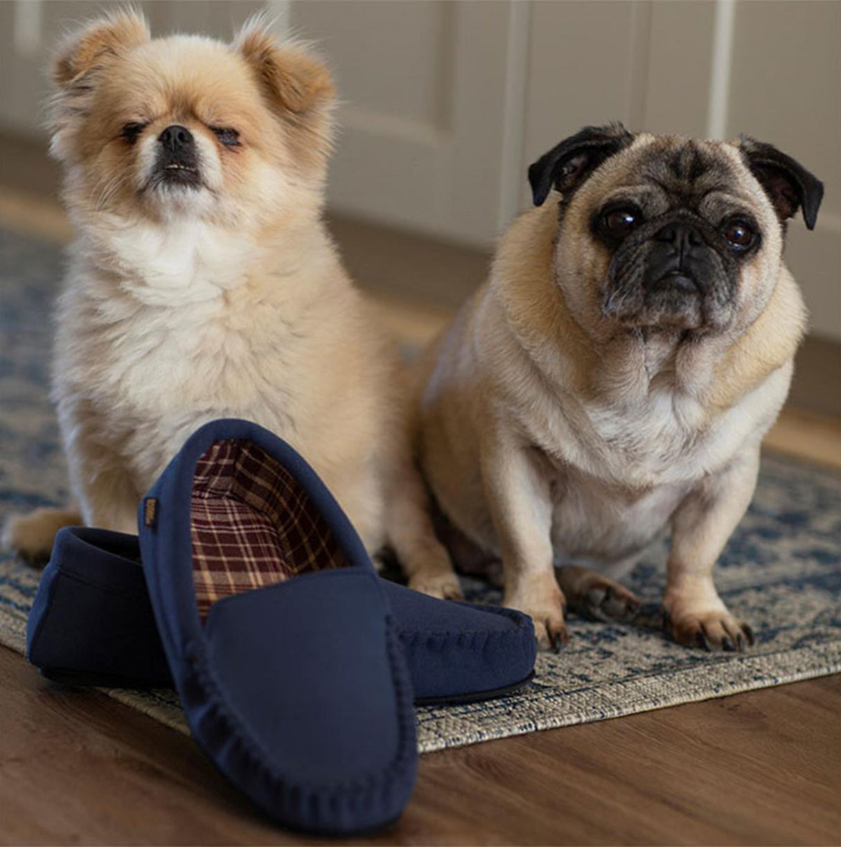 Totes Isotoner MOLESKIN CHECK LINED Boys Moccasin Slippers Navy