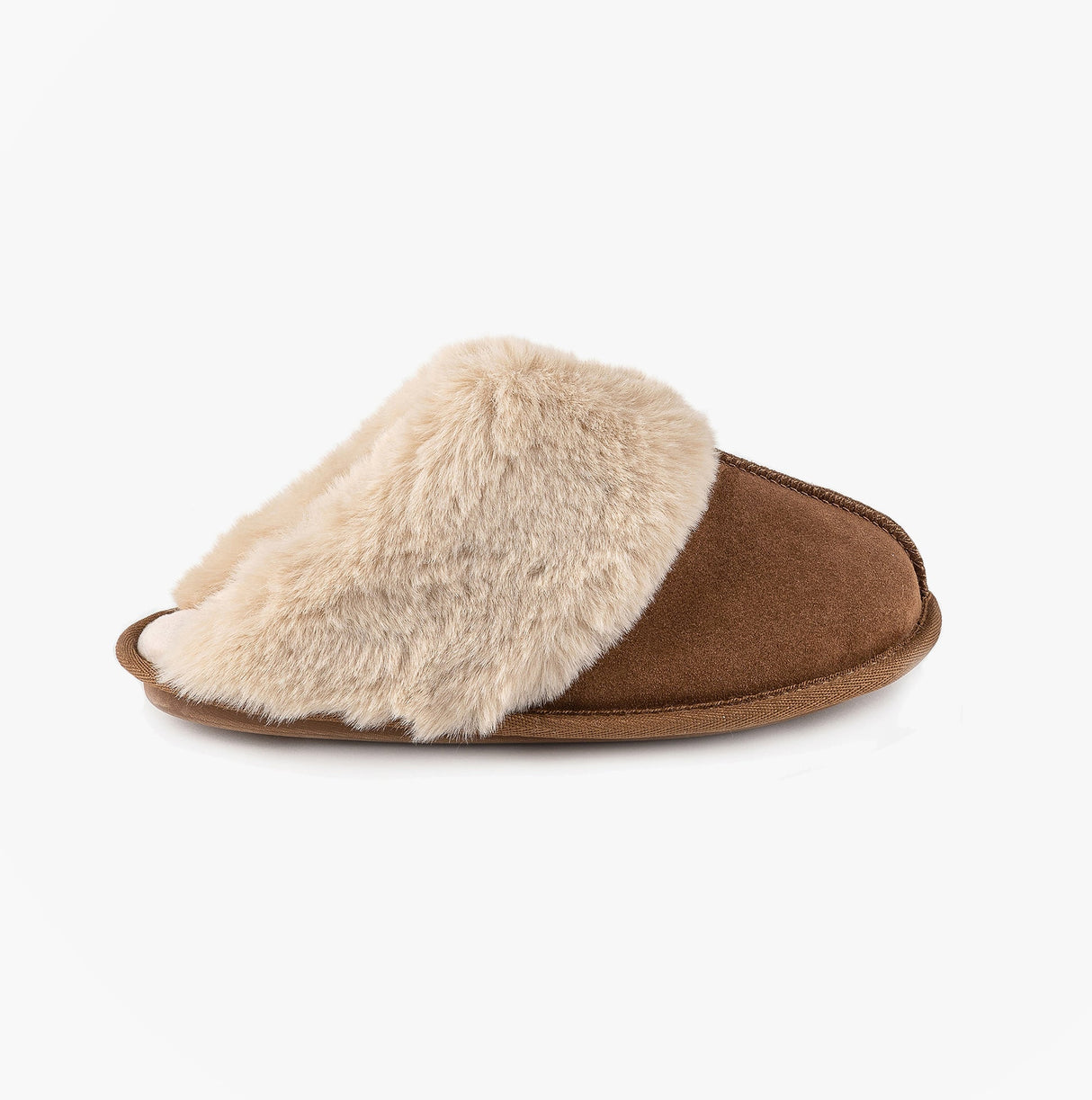 Totes Isotoner REAL SUEDE WITH FUR CUFF Womens Mule Slippers Tan