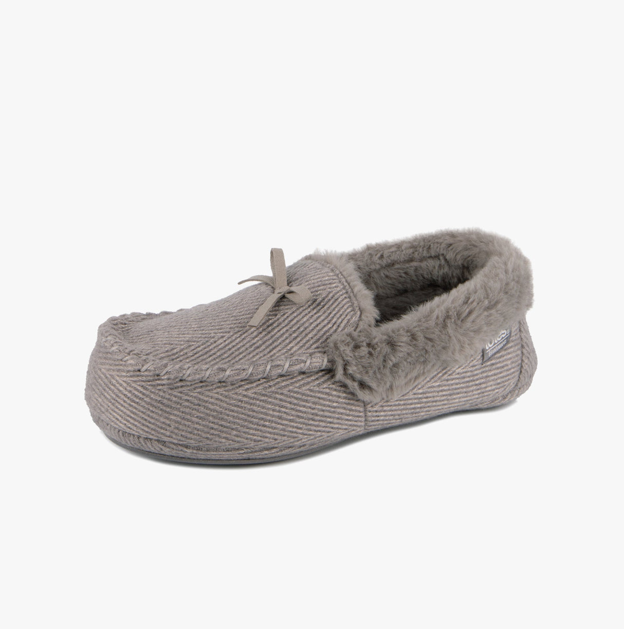 Totes Isotoner HERRINGBONE MOCCASIN WITH FUR CUFF Womens Slippers Grey
