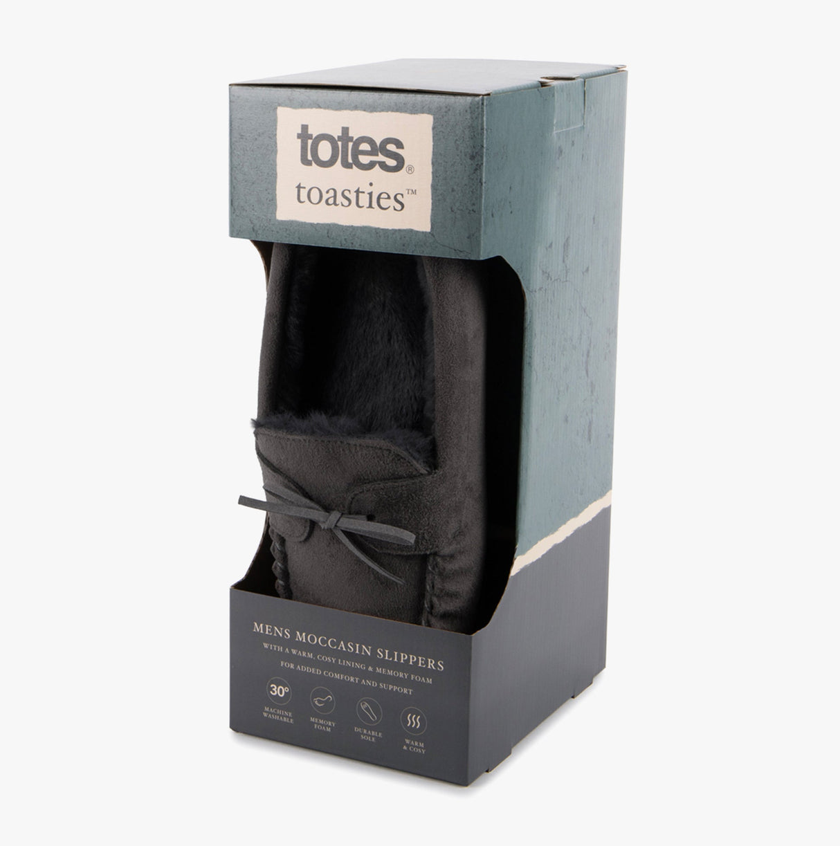 Totes Toasties SUEDETTE MOCCASIN Slippers WITH FAUX FUR LINING Mens Grey