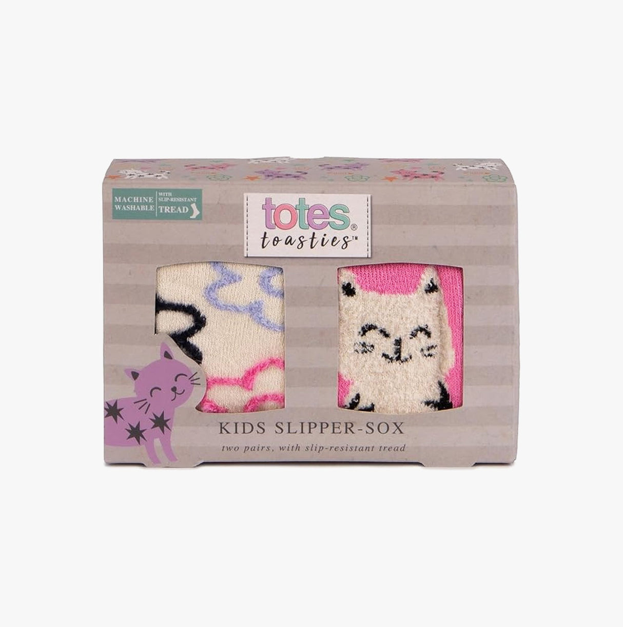 Totes Toasties ORIGINAL SLIPPER-SOX (TWIN PACK) Kids Cat With Flower