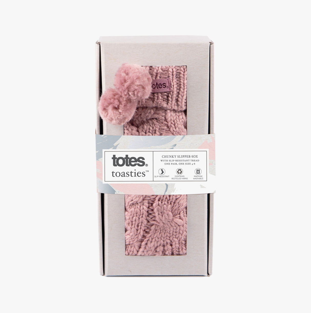 Totes Toasties LUXURY CHUNKY KNIT Pom Slipper-Sox Womens Dusky Pink