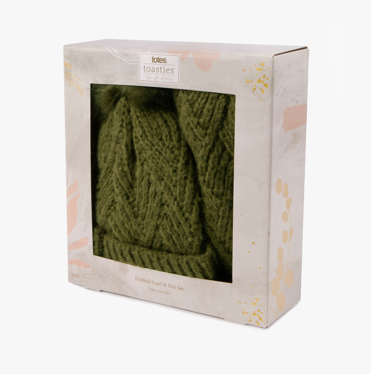 Totes Toasties KNITTED Hat & Scarf Set Womens Khaki