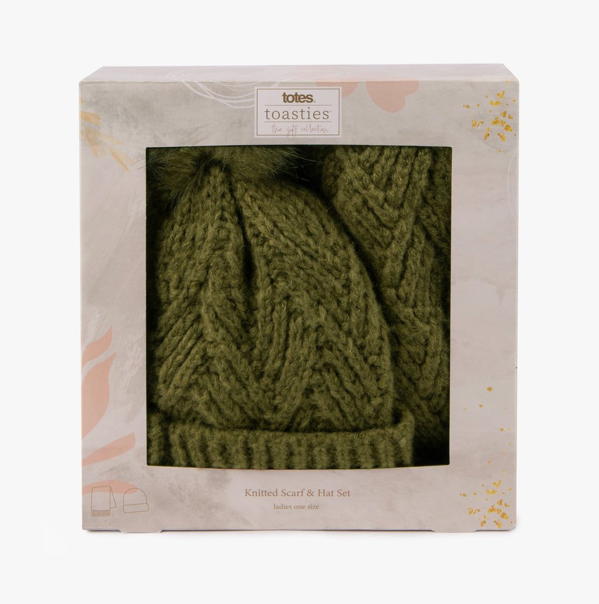 Totes Toasties KNITTED Hat & Scarf Set Womens Khaki