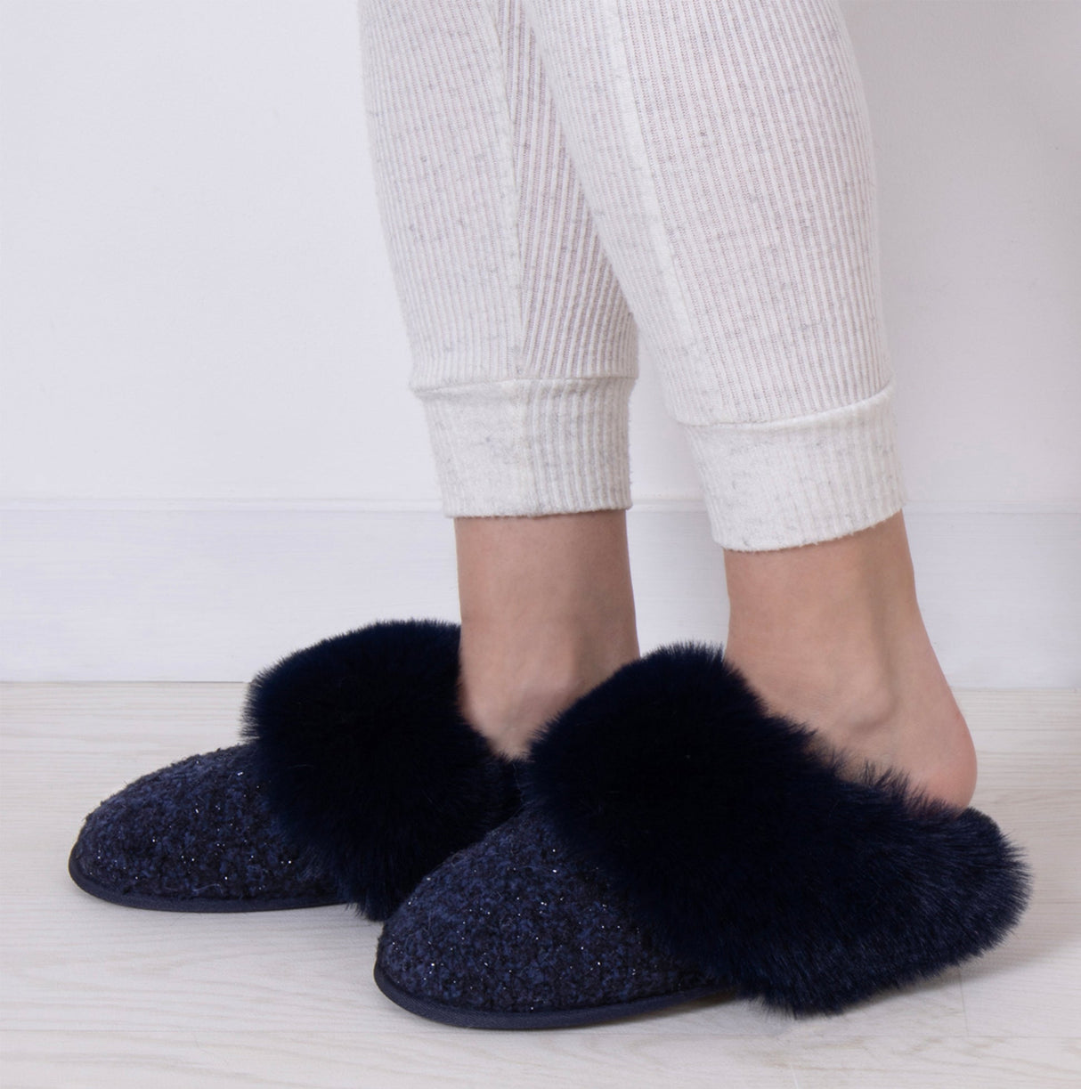 Totes Toasties TEXTURED SPARKLE FAUX FUR MULE Slippers Womens Navy