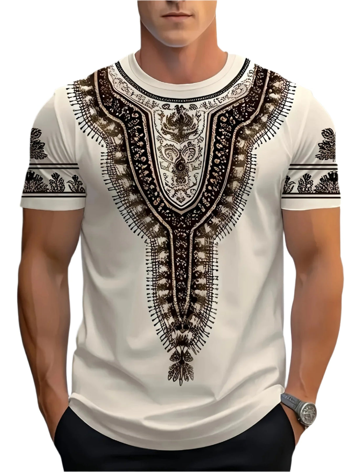 Men's Stylish Digital Print T-Shirt Short Sleeve Crew Neck with Intricate Floral Print Patterns