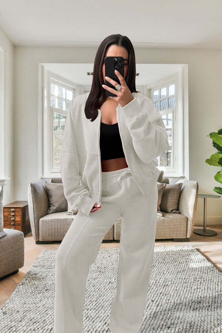 Women's Oversized Fleece Bomber Tracksuit Zipper Jacket & Wide-Leg Pants Set