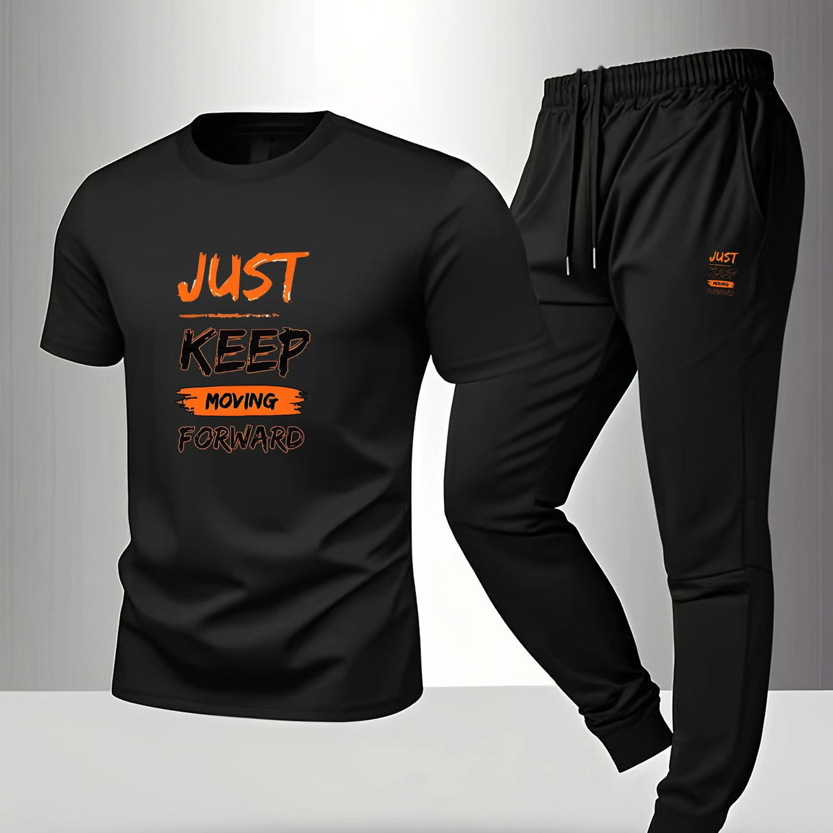 Men’s Breathable Athletic Set – White “Just Keep Moving” T-Shirt & Black Joggers