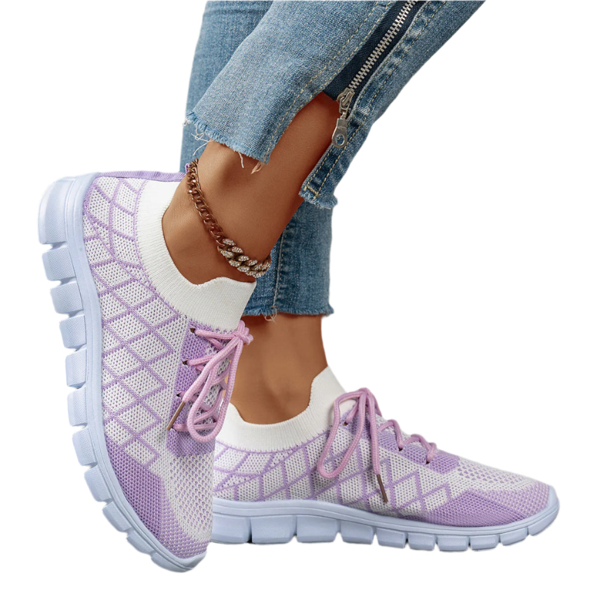 Women's Color block Plaid Fly knit Sneakers – Breathable Lace-Up Mesh Running & Walking Shoes