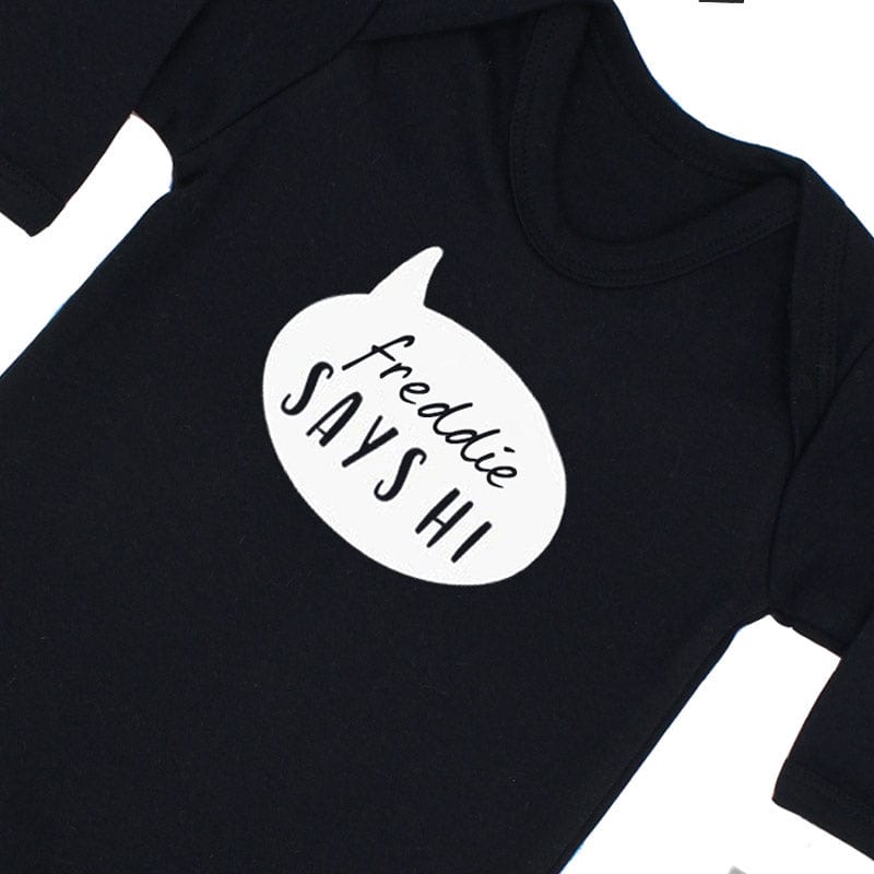 'Baby Says Hi' Slogan Black Personalise Sleepsuit, 0-3 months