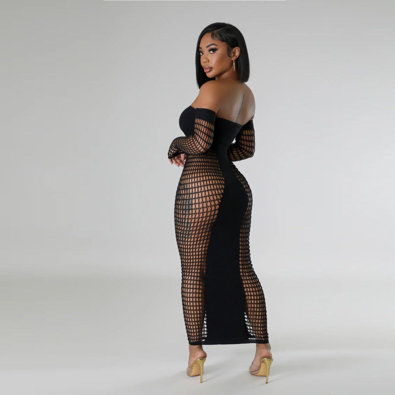 Solid Color Off-neck Sleeve Hollow Sexy Slim Fit One-piece Knitted Sheath Dress