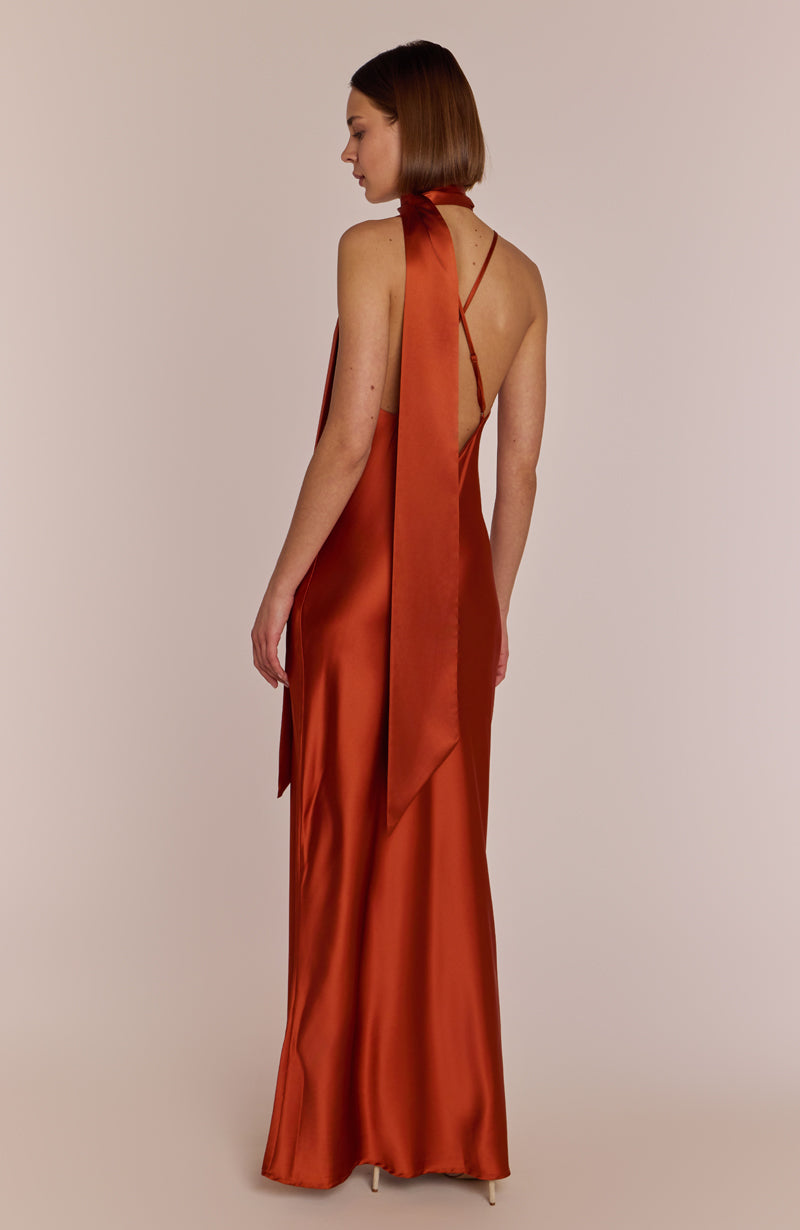 Brooklyn Dress in Burnt Orange Satin