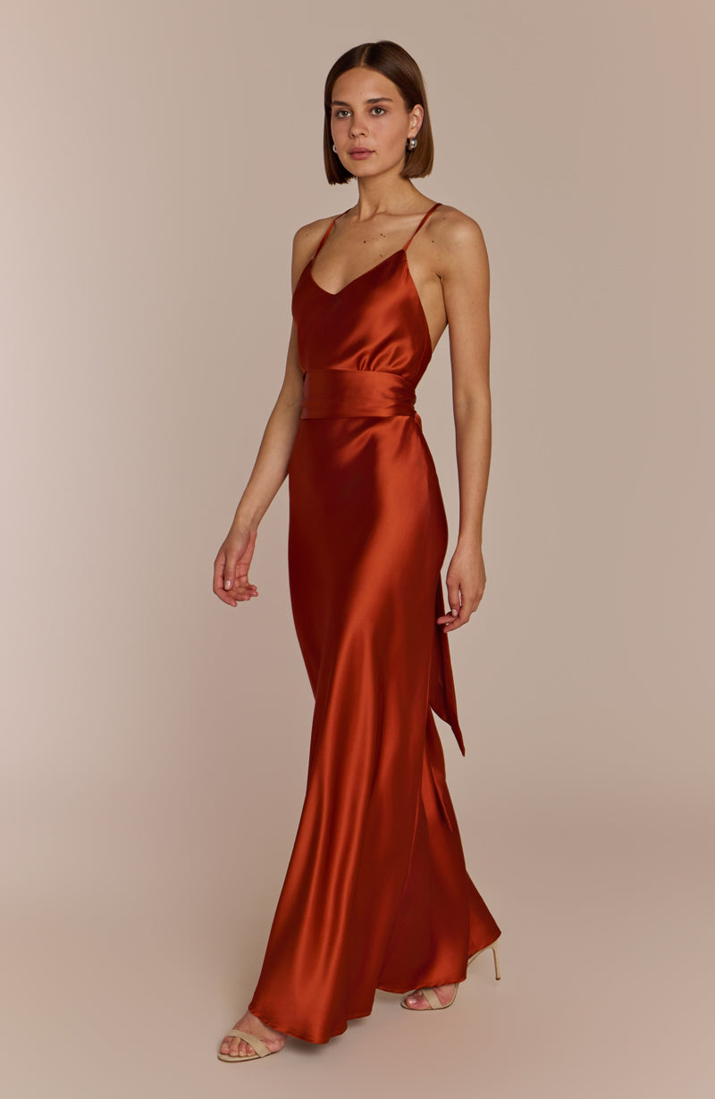 Brooklyn Dress in Burnt Orange Satin