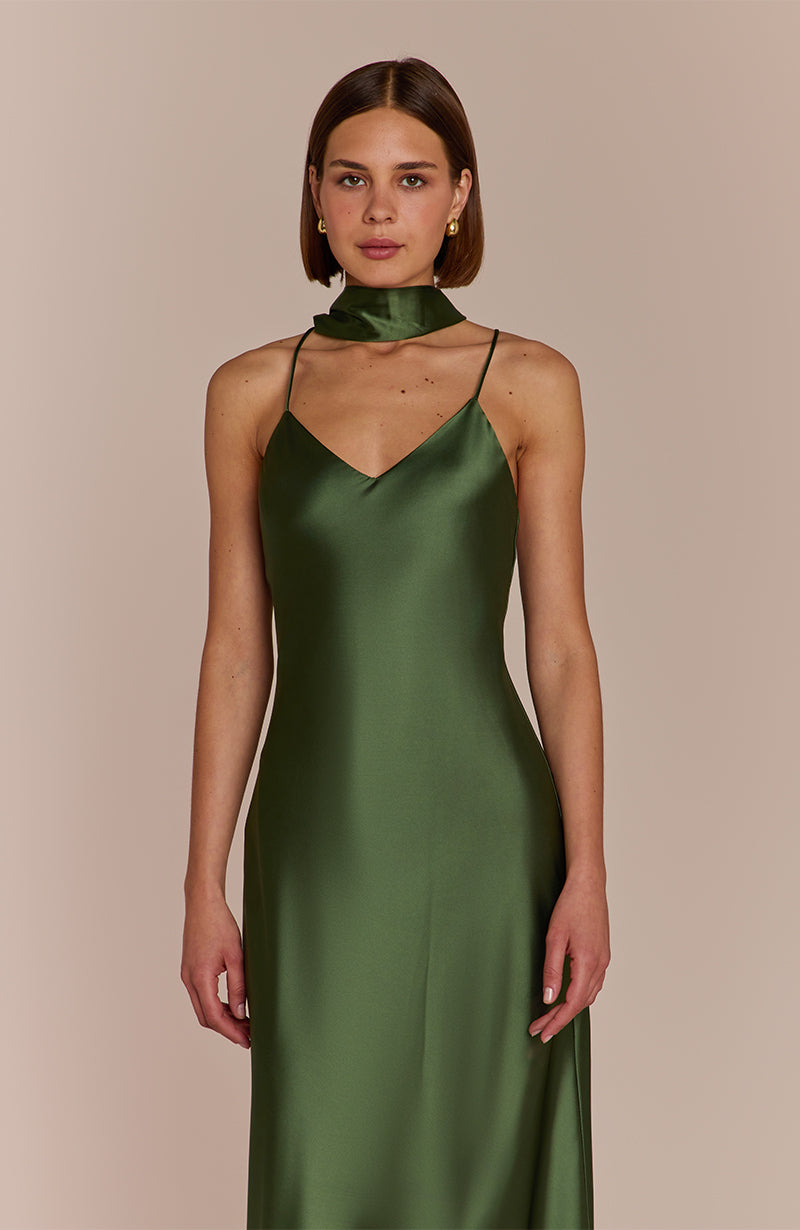 Brooklyn Dress in Olive Green Satin