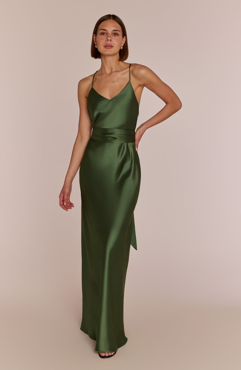Brooklyn Dress in Olive Green Satin