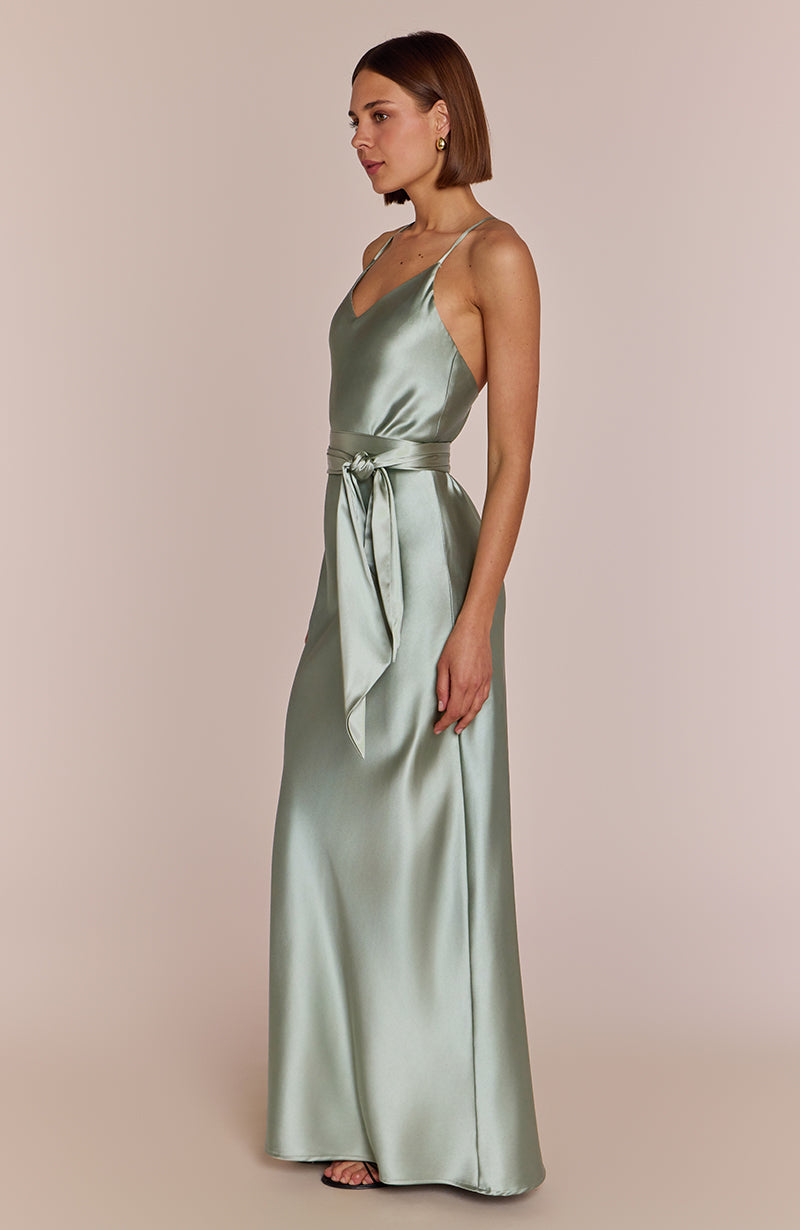 Brooklyn Dress in Sage Green Satin