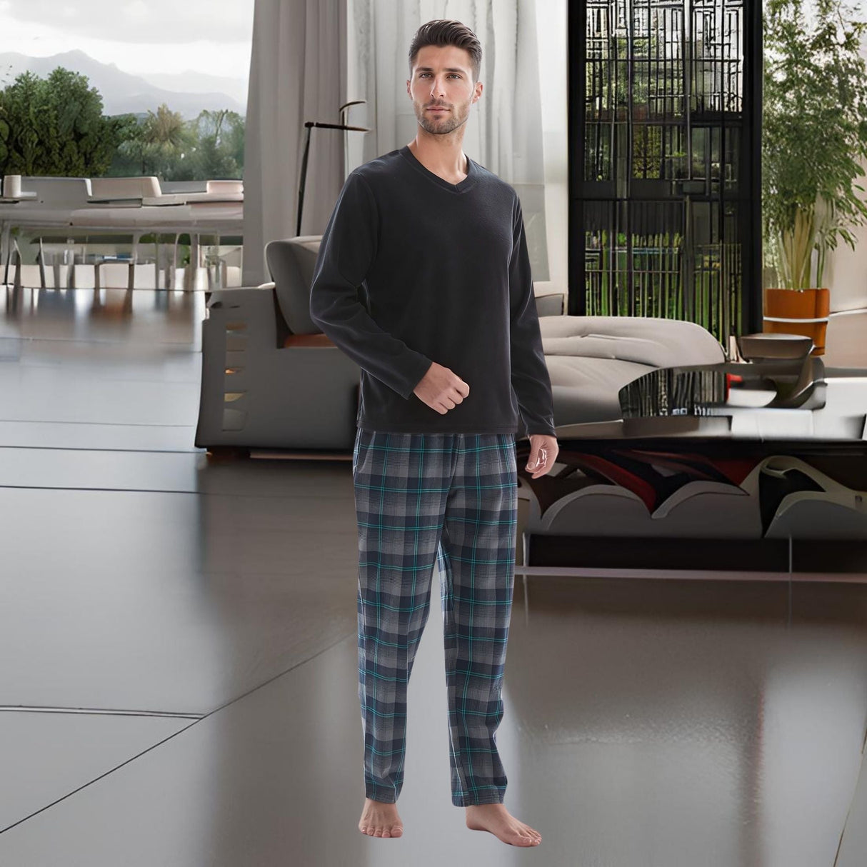 Men’s Checkered Pattern Pyjamas with Fleece Top and Cotton Bottoms Loungewear.