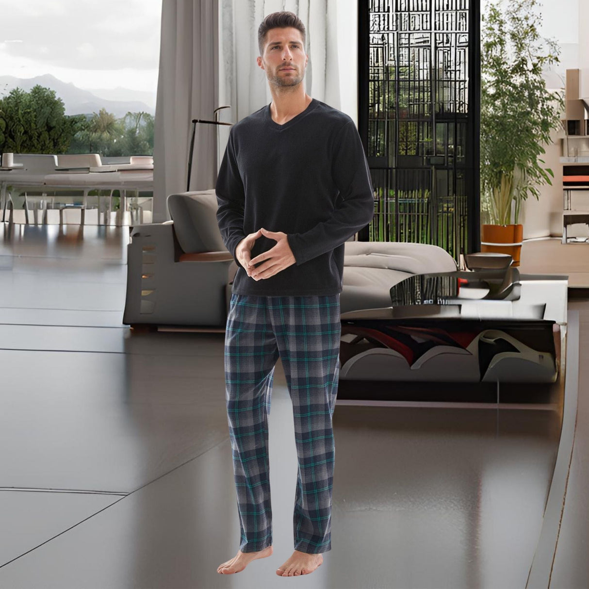 Men’s Checkered Pattern Pyjamas with Fleece Top and Cotton Bottoms Loungewear.