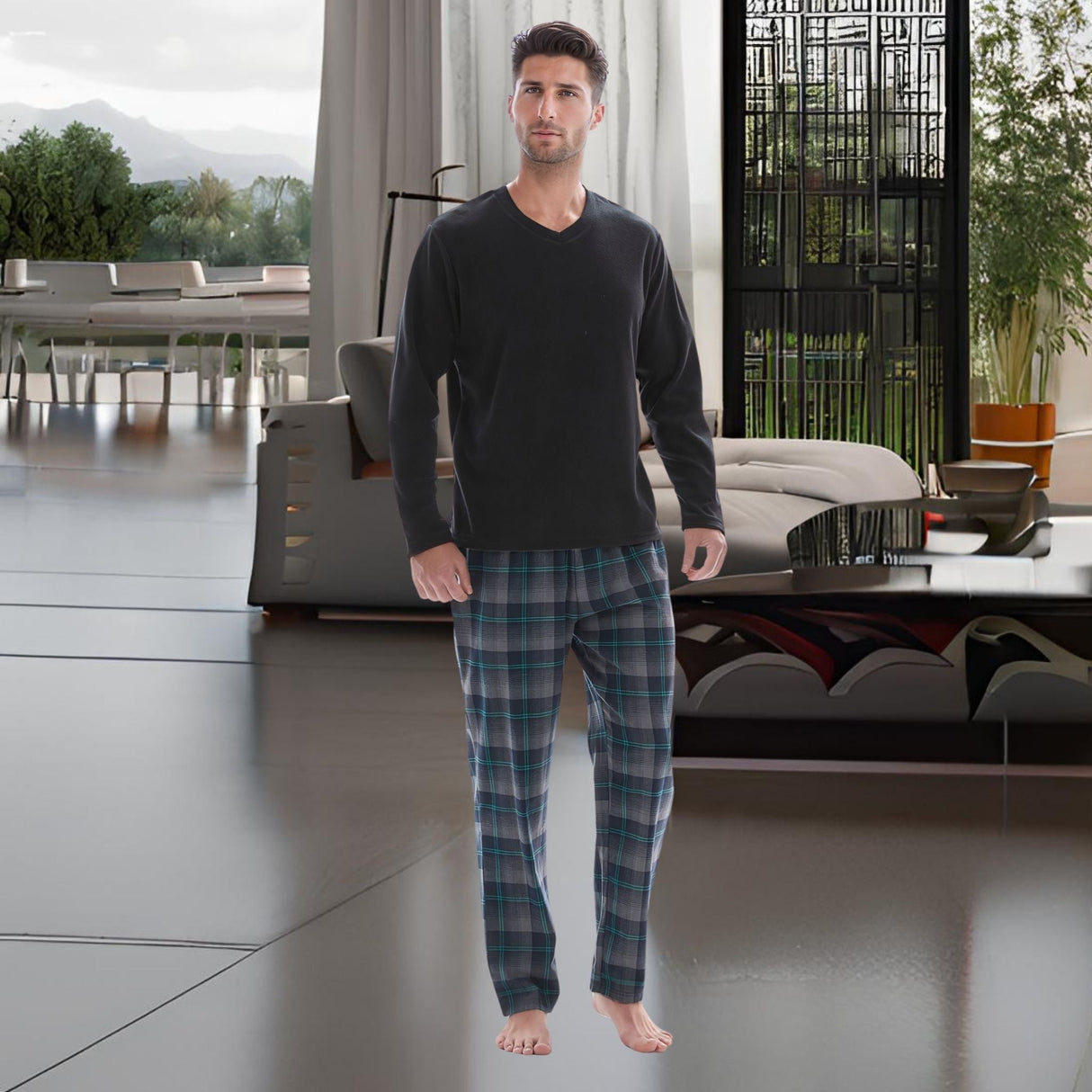 Men’s Checkered Pattern Pyjamas with Fleece Top and Cotton Bottoms Loungewear.