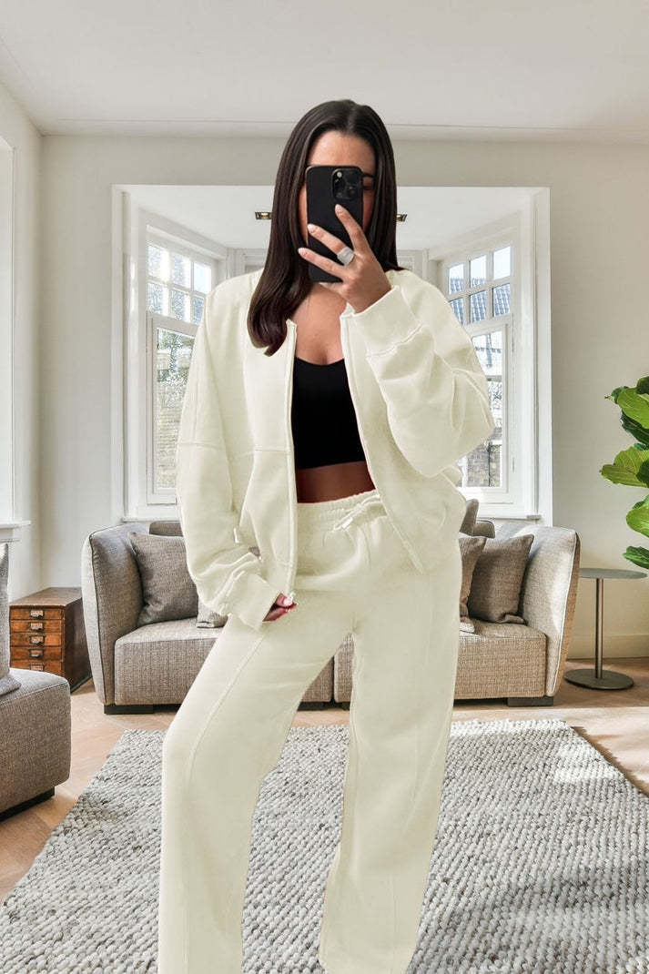 Women's Oversized Fleece Bomber Tracksuit Zipper Jacket & Wide-Leg Pants Set